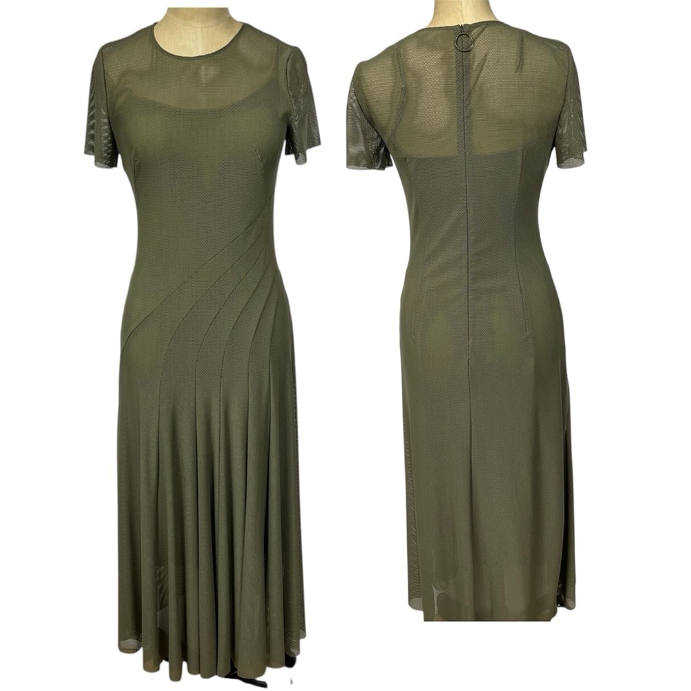 AKRIS Fishnet Dress SM Olive Mesh MIDI Edgy Full Contemporary Minimalist Chic